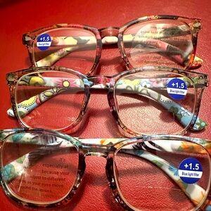 WOMENS BIFOCAL READERS FLORAL GLASSES. 1.5 power. New. Set of 3  fun patterns